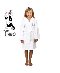 Black Cat Cartoon Design & Custom Name Embroidery on Kids Hooded Bathrobe